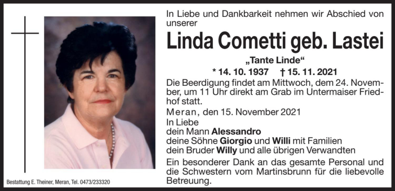  Traueranzeige für Linda Cometti vom 22.11.2021 aus Dolomiten