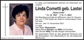Traueranzeige von Linda Cometti von Dolomiten