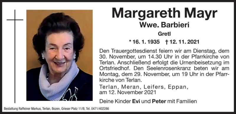  Traueranzeige für Margareth Barbieri vom 27.11.2021 aus Dolomiten