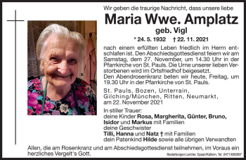 Traueranzeige von Maria Amplatz von Dolomiten
