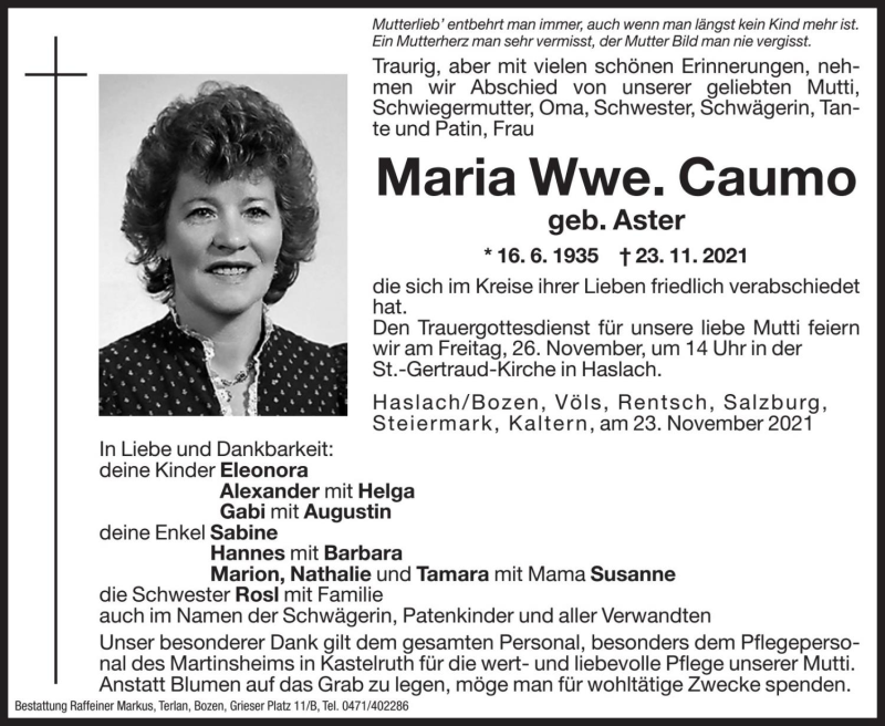  Traueranzeige für Maria Caumo vom 25.11.2021 aus Dolomiten