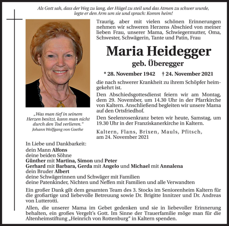  Traueranzeige für Maria Heidegger vom 27.11.2021 aus Dolomiten