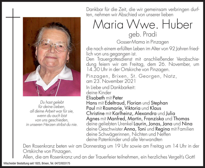  Traueranzeige für Maria Huber vom 25.11.2021 aus Dolomiten