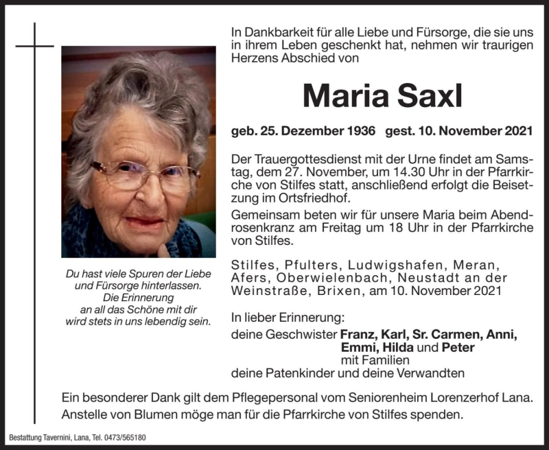  Traueranzeige für Maria Saxl vom 24.11.2021 aus Dolomiten