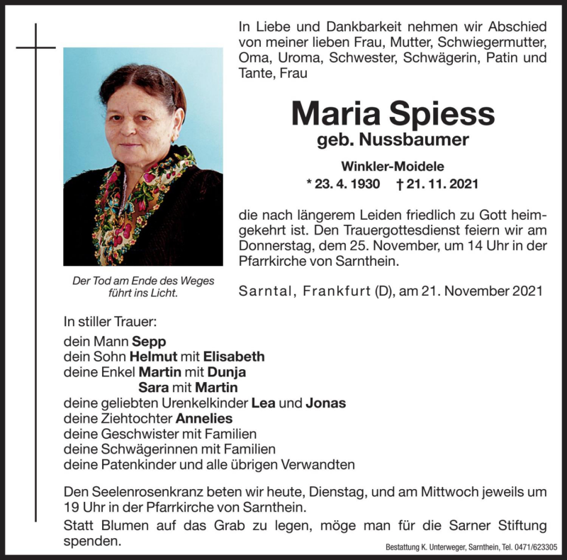  Traueranzeige für Maria Spiess vom 23.11.2021 aus Dolomiten