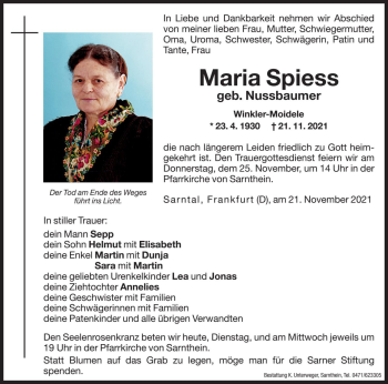 Traueranzeige von Maria Spiess von Dolomiten