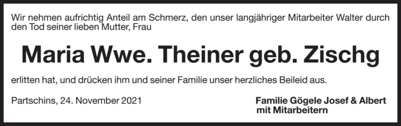  Traueranzeige für Maria Theiner vom 25.11.2021 aus Dolomiten