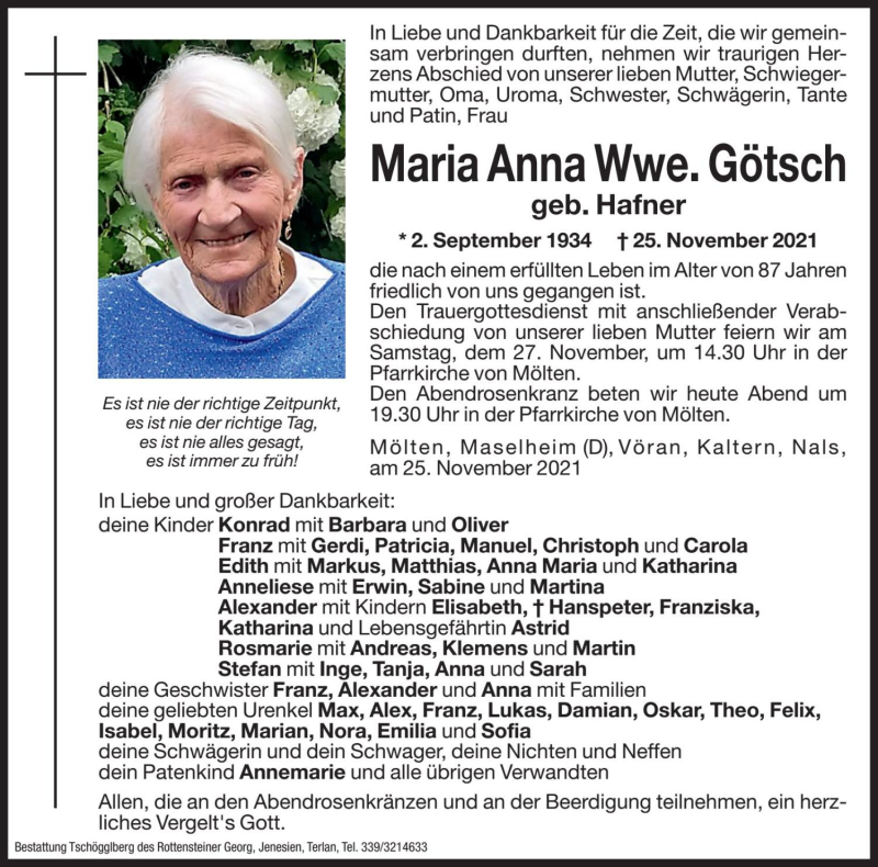  Traueranzeige für Maria Anna Götsch vom 26.11.2021 aus Dolomiten