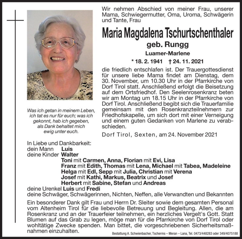  Traueranzeige für Maria Magdalena Tschurtschenthaler vom 26.11.2021 aus Dolomiten