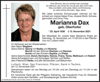 Traueranzeige von Marianna Dax von Dolomiten