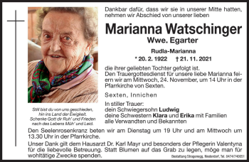 Traueranzeige von Marianna Egarter von Dolomiten