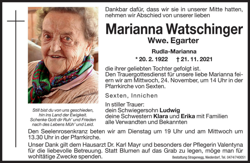  Traueranzeige für Marianna Egarter vom 23.11.2021 aus Dolomiten