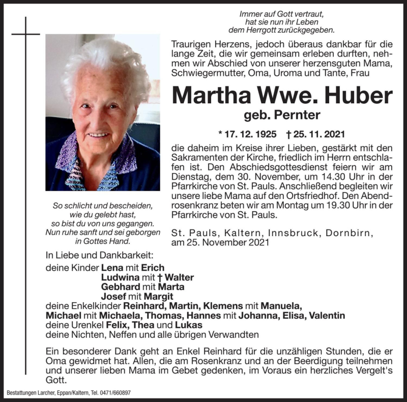  Traueranzeige für Martha Huber vom 27.11.2021 aus Dolomiten