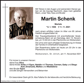 Traueranzeige von Martin Schenk von Dolomiten