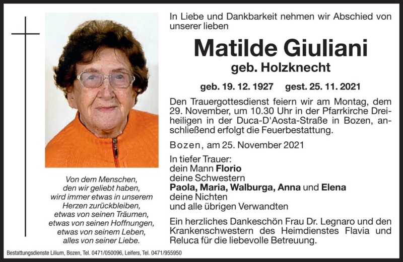  Traueranzeige für Matilde  Giuliani vom 27.11.2021 aus Dolomiten