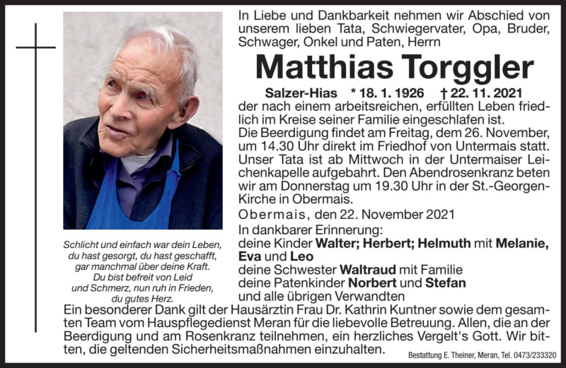  Traueranzeige für Matthias Torggler vom 24.11.2021 aus Dolomiten