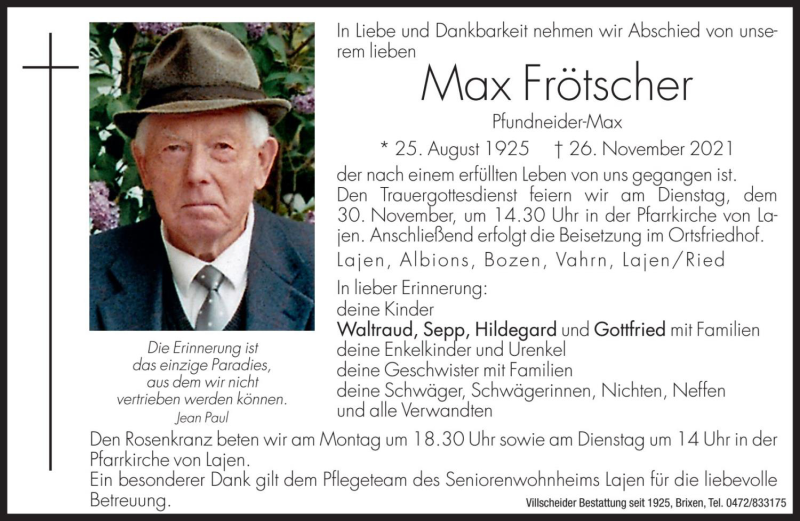  Traueranzeige für Max Frötscher vom 29.11.2021 aus Dolomiten