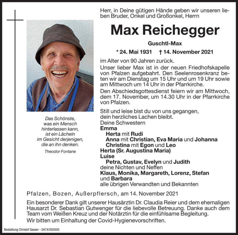  Traueranzeige für Max Reichegger vom 16.11.2021 aus Dolomiten