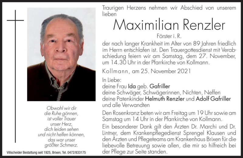  Traueranzeige für Maximilian Renzler vom 26.11.2021 aus Dolomiten
