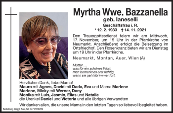 Traueranzeige von Myrtha Bazzanella von Dolomiten