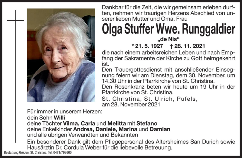  Traueranzeige für Olga Runggaldier vom 29.11.2021 aus Dolomiten