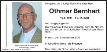 Traueranzeige von Othmar Bernhart von Dolomiten