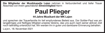 Traueranzeige von Paul Plieger von Dolomiten