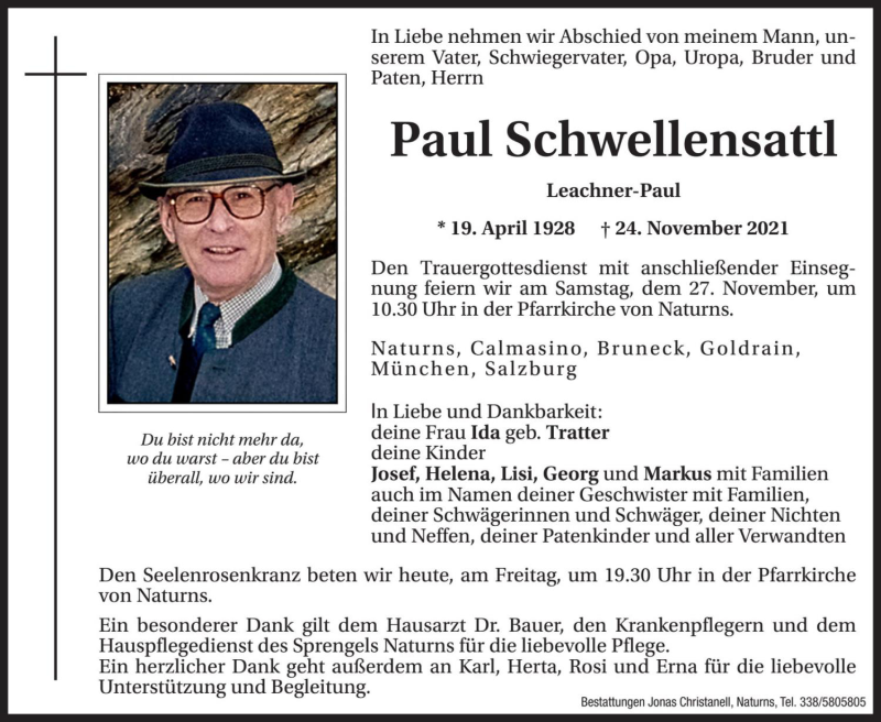  Traueranzeige für Paul Schwellensattl vom 26.11.2021 aus Dolomiten