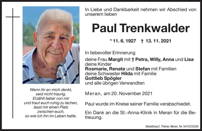  Traueranzeige für Paul Trenkwalder vom 20.11.2021 aus Dolomiten