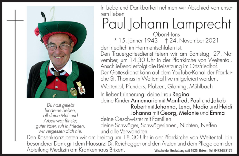  Traueranzeige für Paul Johann Lamprecht vom 26.11.2021 aus Dolomiten