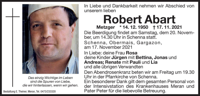  Traueranzeige für Robert Abart vom 19.11.2021 aus Dolomiten