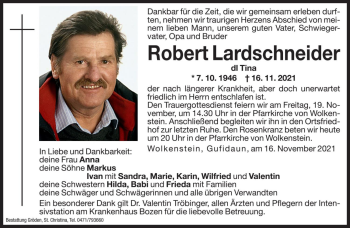Traueranzeige von Robert Lardschneider von Dolomiten