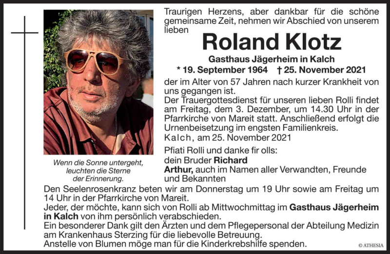  Traueranzeige für Roland Klotz vom 29.11.2021 aus Dolomiten