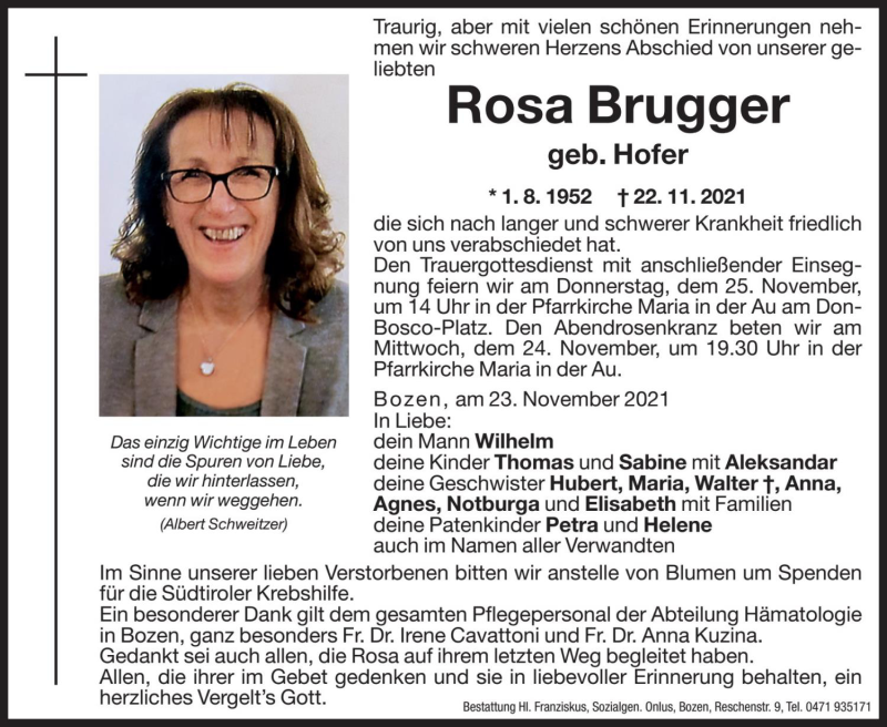  Traueranzeige für Rosa Brugger vom 23.11.2021 aus Dolomiten