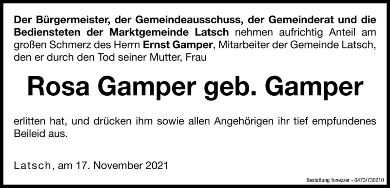  Traueranzeige für Rosa Gamper vom 17.11.2021 aus Dolomiten