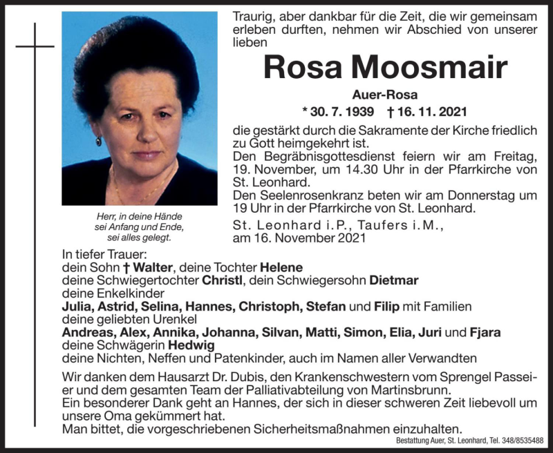  Traueranzeige für Rosa Moosmair vom 18.11.2021 aus Dolomiten