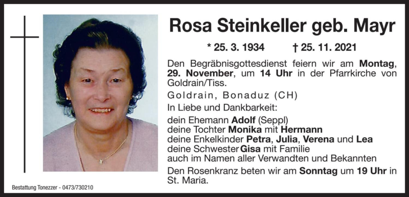  Traueranzeige für Rosa Steinkeller vom 27.11.2021 aus Dolomiten