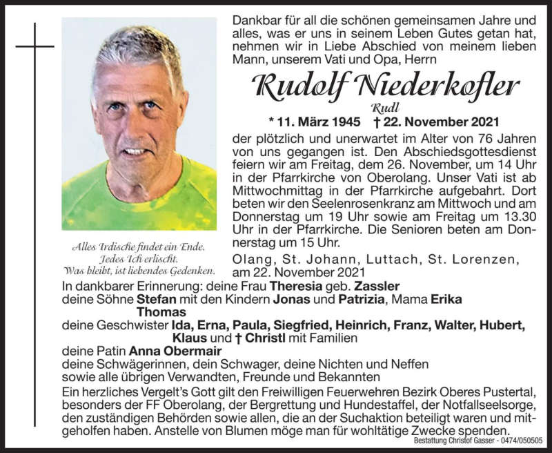  Traueranzeige für Rudolf Niederkofler vom 24.11.2021 aus Dolomiten