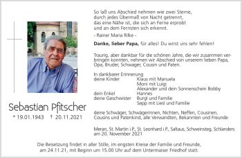 Traueranzeige von Sebastian Pfitscher von Dolomiten