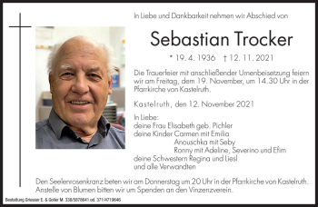 Traueranzeige von Sebastian Trocker von Dolomiten