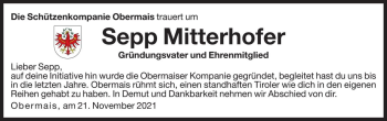 Traueranzeige von Sepp Mitterhofer von Dolomiten