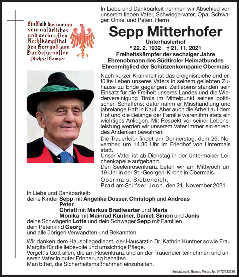  Traueranzeige für Sepp Mitterhofer vom 23.11.2021 aus Dolomiten