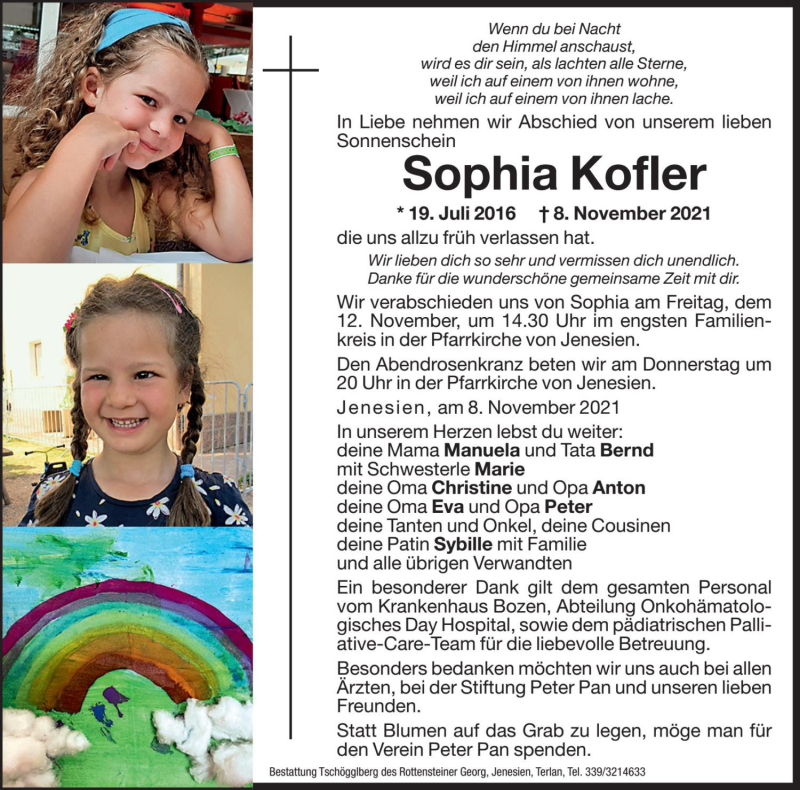  Traueranzeige für Sophia Kofler vom 11.11.2021 aus Dolomiten