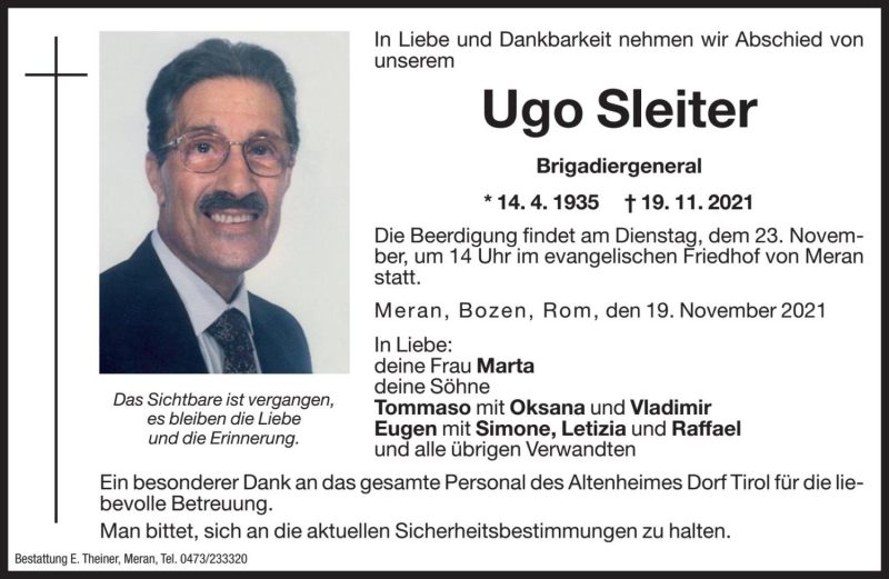  Traueranzeige für Ugo Sleiter vom 22.11.2021 aus Dolomiten