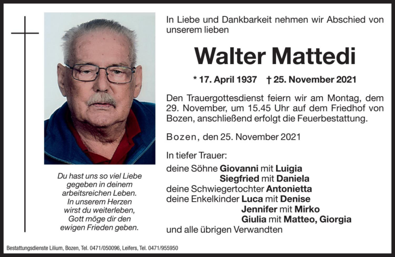  Traueranzeige für Walter Mattedi vom 27.11.2021 aus Dolomiten