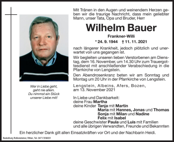 Traueranzeige von Wilhelm Bauer von Dolomiten