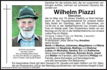 Traueranzeige von Wilhelm Piazzi von Dolomiten