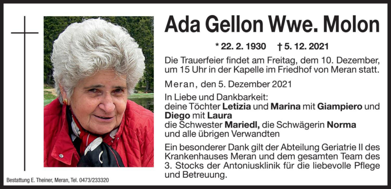  Traueranzeige für Ada  Molon vom 07.12.2021 aus Dolomiten