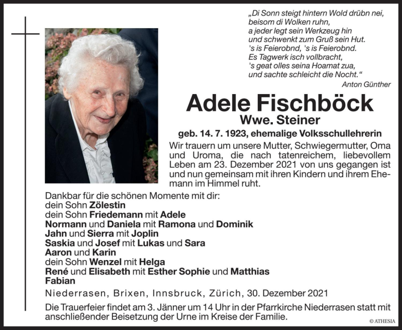  Traueranzeige für Adele Steiner vom 30.12.2021 aus Dolomiten