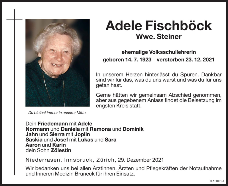  Traueranzeige für Adele Steiner vom 29.12.2021 aus Dolomiten